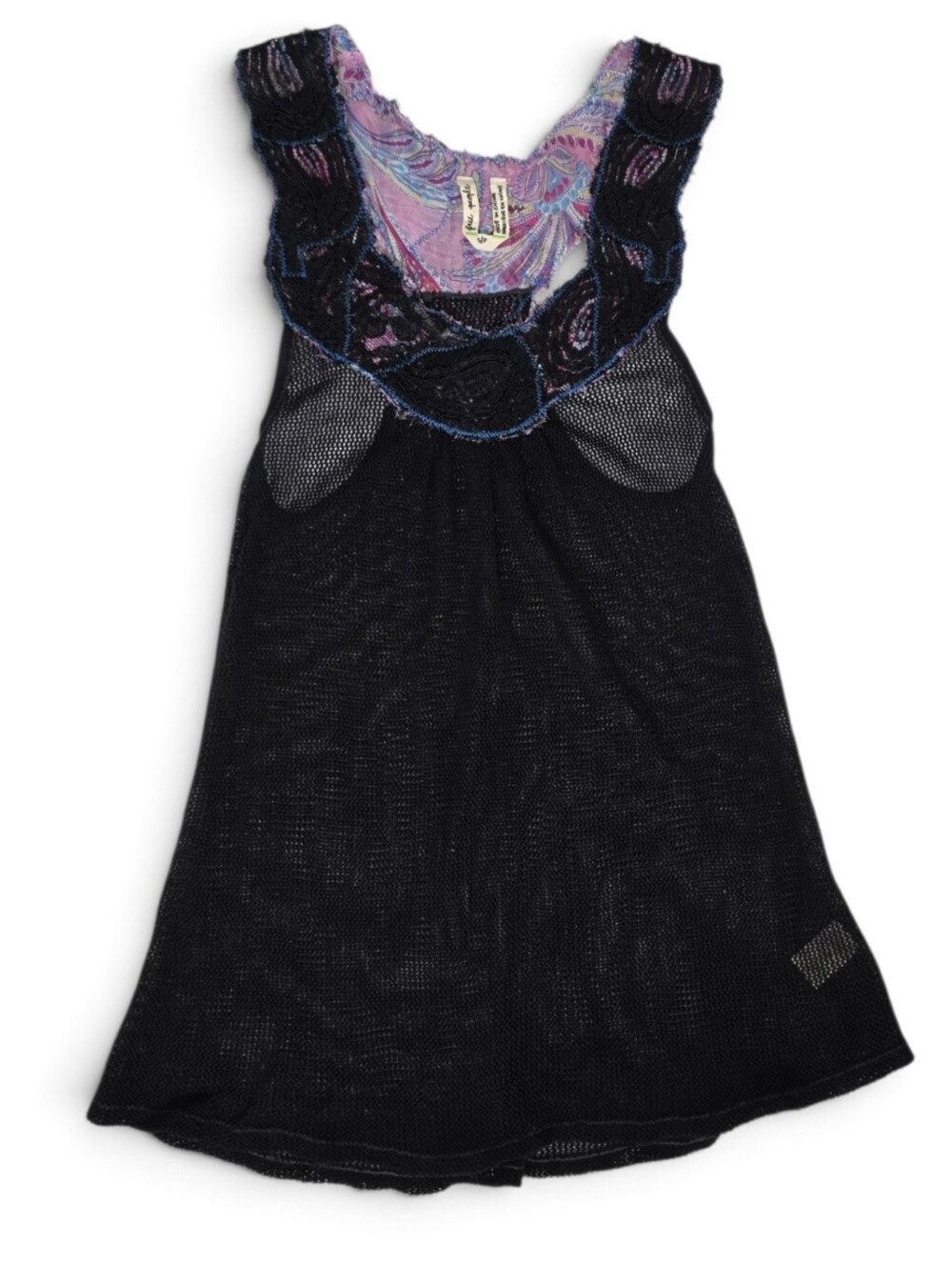Free People Black Mesh Tank Top Paisley Lace Contrast Stitching Boho Top S